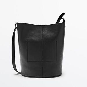 Massimo Dutti Nappa Leather Bucket Bag In Black